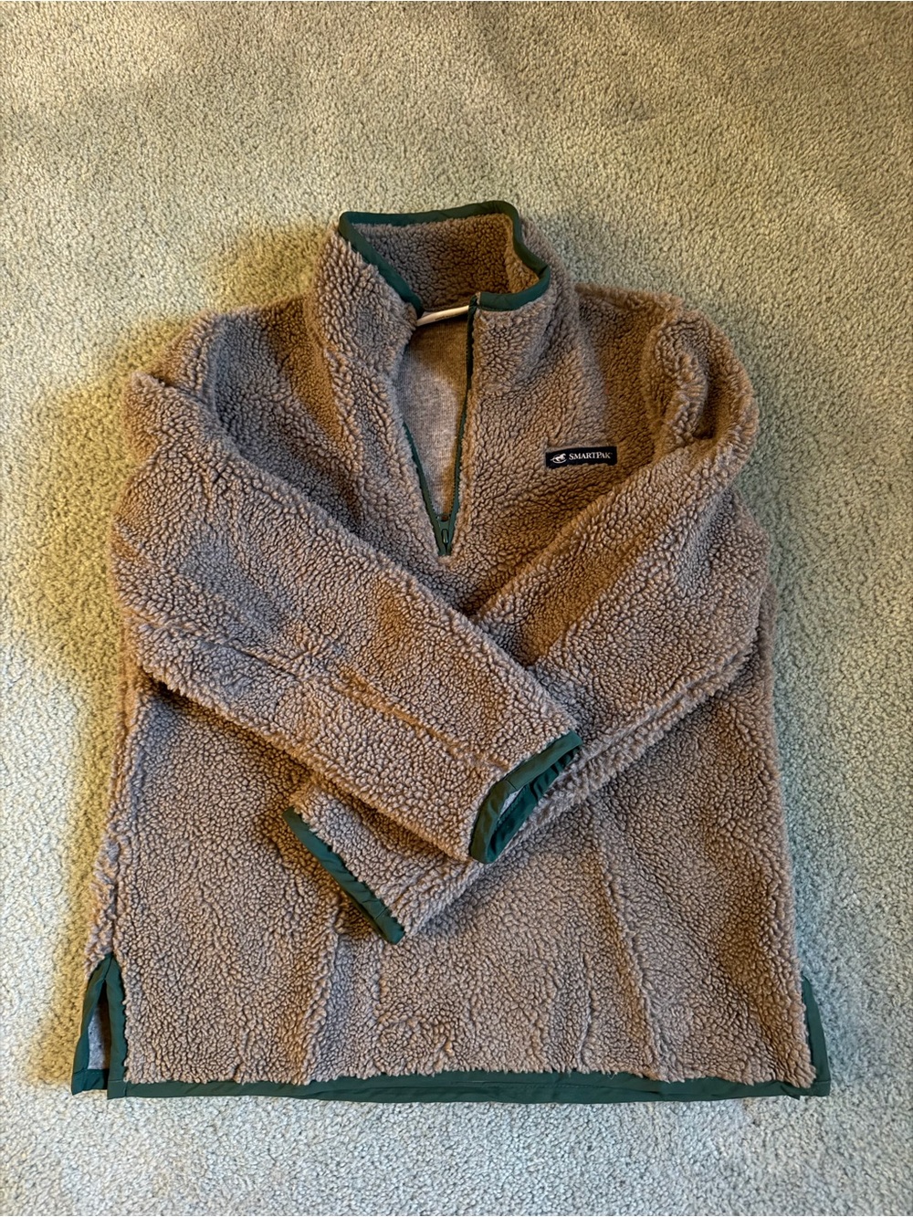 SmartPak Taupe Sherpa Pullover with Green Trim